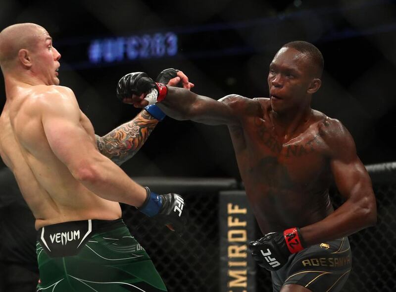 Israel Adesanya moves in for a hit against Marvin Vettori during UFC 263 middleweight title fight at Gila River Arena, Glendale Arizona. Reuters