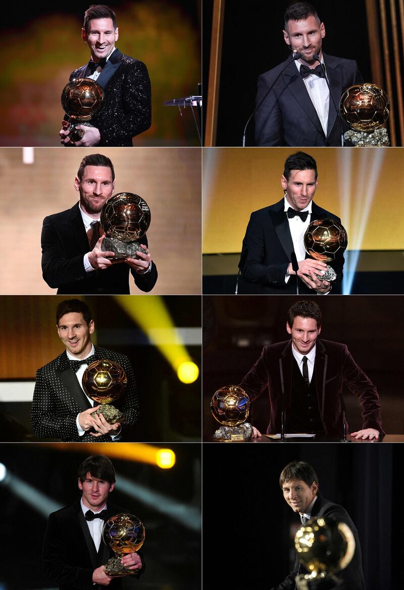(COMBO) This combination of file photographs created on October 30, 2023, shows Barcelona's Argentinian forward Lionel Messi reacting as he receives the Ballon d'Or football award (from bottom, R to L) for the year 2009 in Boulogne-Billancourt, outside Paris, on December 6, 2009; for the year 2010 in Zurich, on January 10, 2011; for the year 2011 in Zurich on January 9, 2012; for the year 2012 in Zurich on January 7, 2013; for the year 2015 in Zurich on January 11, 2016; for the year 2019 in Paris on December 2, 2019; for the year 2021 in Paris on November 29, 2021; for the year 2023 in Paris on October 30, 2023.  Lionel Messi won the men's Ballon d'Or award for a record-extending eight time at a ceremony in Paris on October 30, 2023.  (Photo by AFP)