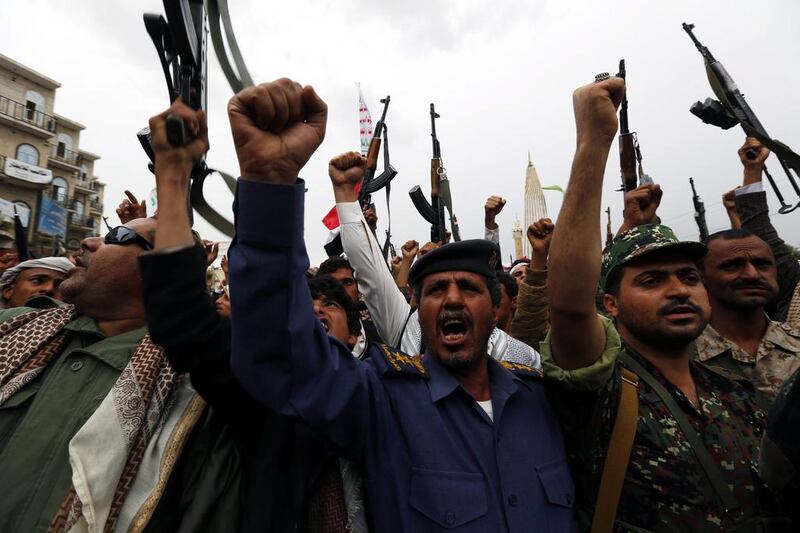 Houthi supporters shout anti-Saudi slogans during a rally in Sanaa. EPA