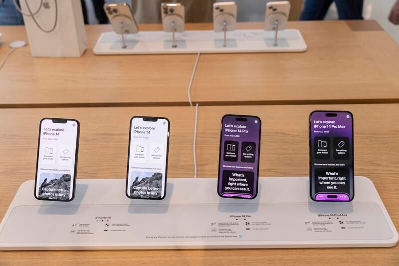 The new iPhone 14 on display at the Apple Store in Dubai Mall.