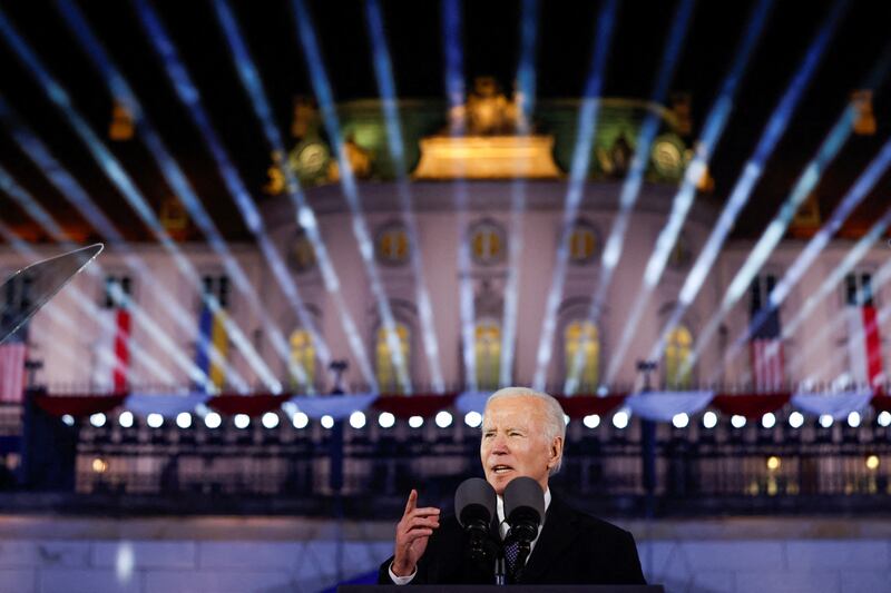 U. S.  President Joe Biden delivers remarks ahead of the one year anniversary of Russia's invasion of Ukraine, outside the Royal Castle, in Warsaw, Poland, February 21, 2023.  REUTERS / Evelyn Hockstein     TPX IMAGES OF THE DAY
