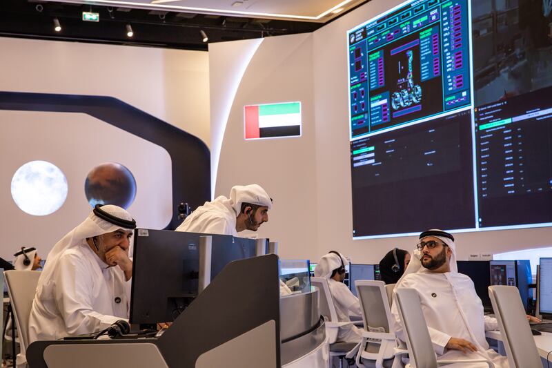 DUBAI, UNITED ARAB EMIRATES - APRIL 25: UAE engineers watch the trajectory of the spacecraft carrying the Rashid Rover as it attempts to land on the Moon's lunar surface from the Mohammed Bin Rashid Space Centre on April 25, 2023 in Dubai, United Arab Emirates. The Emirati-made Rashid Rover would have been the first Arab-made spacecraft to land on the surface of the Moon, but the landing of the spacecraft carrying the Rover was unsuccessful. (Photo by Andrea DiCenzo / Getty Images)