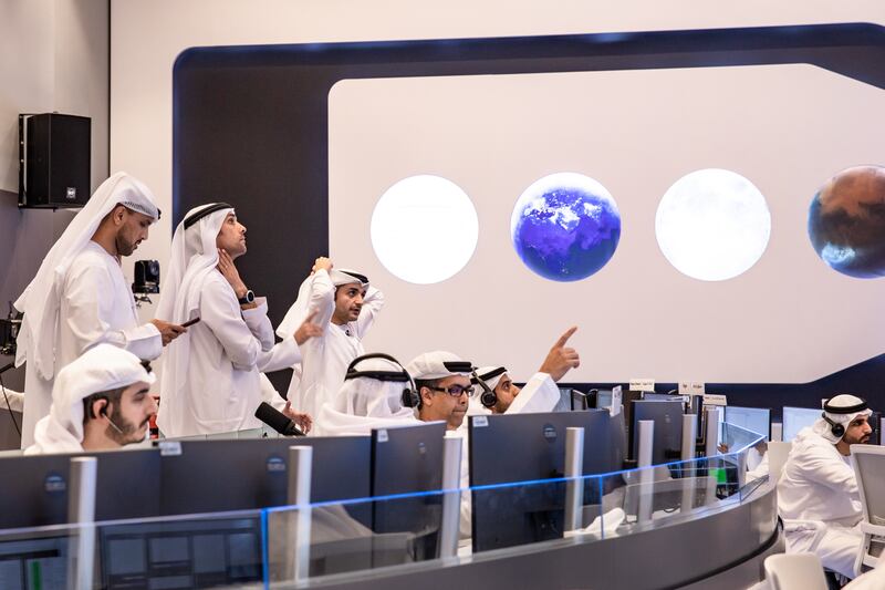 UAE engineers watch the trajectory of the spacecraft carrying the Rashid Rover as it attempts to land on the Moon's lunar surface from the Mohammed Bin Rashid Space Centre on April 25, 2023 in Dubai. Getty Images