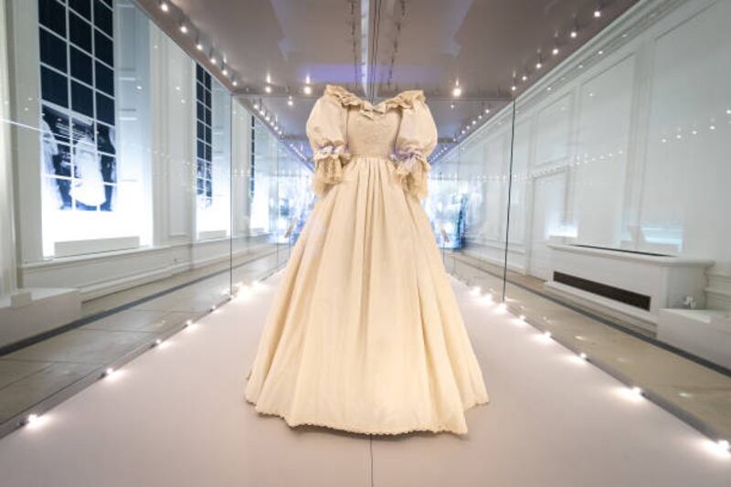 Diana, Princess of Wales’s wedding dress displayed complete with its spectacular sequin encrusted train during the Royal Style In The Making exhibition photocall at Kensington Palace on June 2, 2021 in London, England. Getty Images