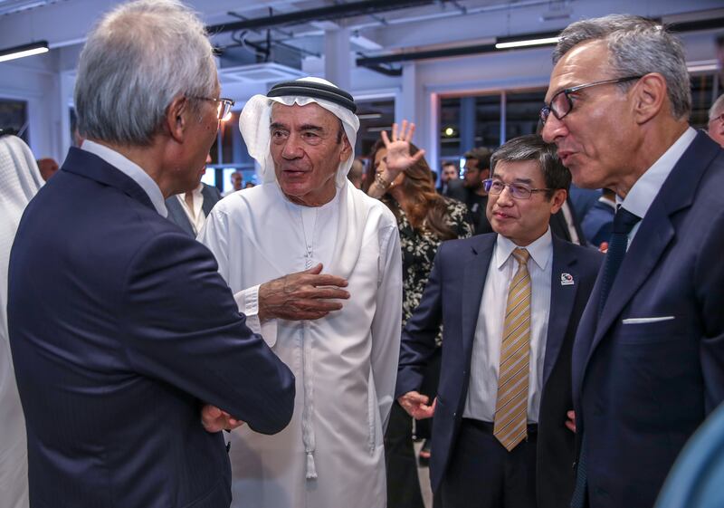 (L-R ) Etsuro Saito, President & CEO Fujitsu General Limited, Zaki Nusseibeh, Cultural Advisor to the President of the United Arab Emirates and the Chancellor of UAE University, Akio Isomata, Ambassador of Japan to the UAE and Tariq Al Ghussein, CEO, Taqee, during the exhibition launch for 50 Years of Cool. Victor Besa / The National