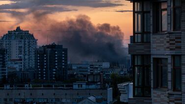 KYIV, UKRAINE - APRIL 28: Smoke rises after an explosion at sunset on April 28, 2022 in Kyiv, Ukraine. The incident coincides with today's visit to Kyiv by UN Secretary-General Antonio Guterres. (Photo by John Moore / Getty Images)