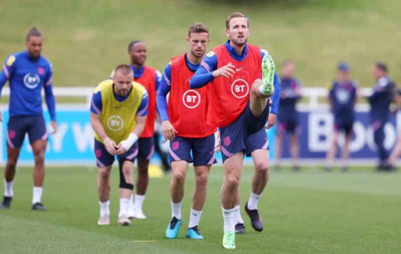 BURTON UPON TRENT, ENGLAND - JUNE 10: Harry Kane of England trains during the England Training Session at St George's Park on June 10, 2021 in Burton upon Trent, England. (Photo by Catherine Ivill / Getty Images)