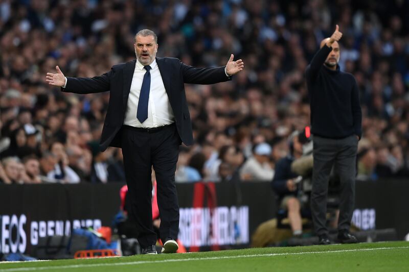 Ange Postecoglou, Manager of Tottenham Hotspur, reacts during the Premier League match between Tottenham Hotspur and Manchester City. Getty