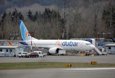 A Boeing 737 MAX aircraft bearing the logo of flydubai is parked at a Boeing production facility in Renton, Washington. Reuters