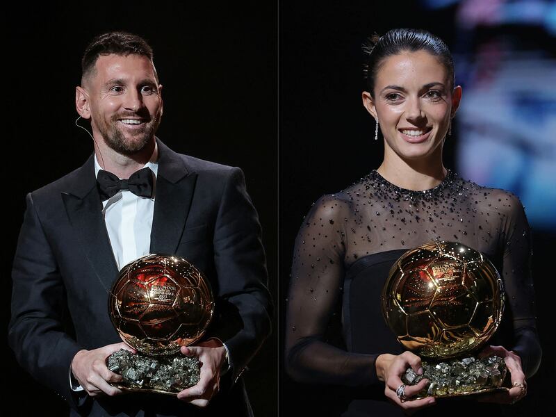TOPSHOT - (COMBO) This combination of pictures created on October 30, 2023 shows Inter Miami CF's Argentine forward Lionel Messi (L) holding his 8th Ballon d'Or award and FC Barcelona's Spanish midfielder Aitana Bonmati (R) holding her Woman Ballon d'Or award during the 2023 Ballon d'Or France Football award ceremony at the Theatre du Chatelet in Paris on October 30, 2023.  (Photo by FRANCK FIFE  /  AFP)