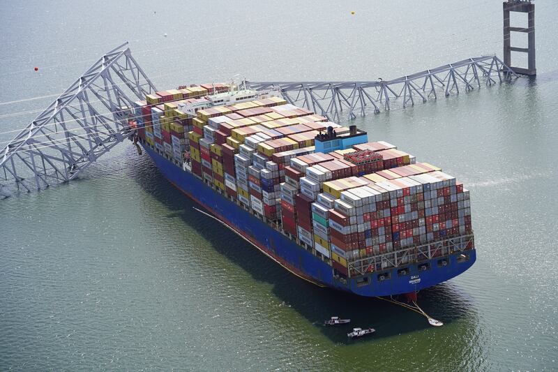 Aerial view of the Dali cargo vessel which crashed into the Francis Scott Key Bridge, causing it to collapse in Baltimore, Maryland, U. S. , March 26, 2024.  Maryland National Guard/Handout via REUTERS.  THIS IMAGE HAS BEEN SUPPLIED BY A THIRD PARTY