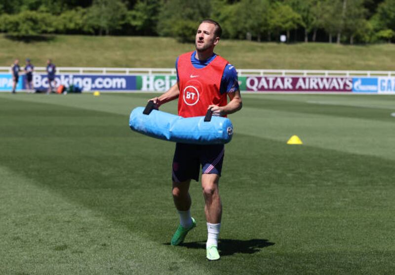 BURTON UPON TRENT, ENGLAND - JUNE 09: Harry Kane during an England training session at St George's Park on June 09, 2021 in Burton upon Trent, England. (Photo by Catherine Ivill / Getty Images)