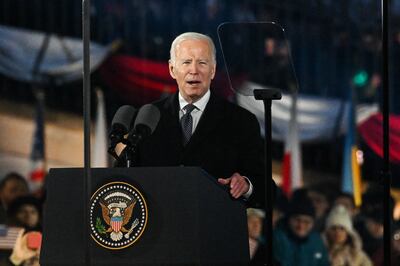 The US President Joe Biden delivers a speech at the Royal Castle Arcades on February 21, 2023 in Warsaw, Poland. Getty Images