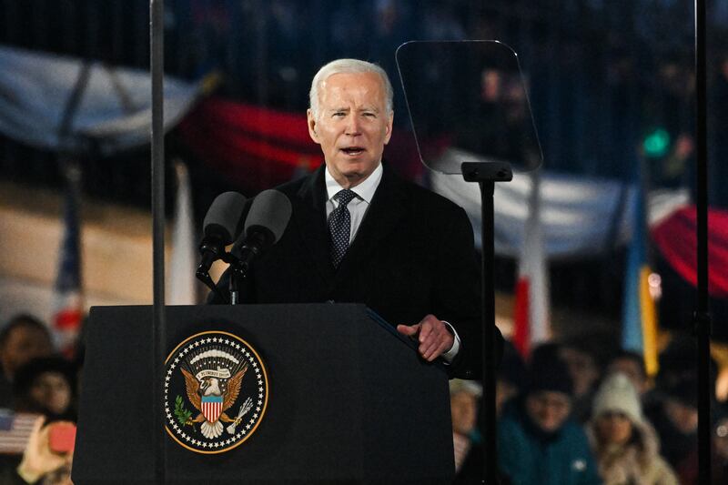 WARSAW, POLAND - FEBRUARY 21: The US President, Joe Biden delivers a speech at the Royal Castle Arcades on February 21, 2023 in Warsaw, Poland. The US President is in Warsaw for his second visit to the country in less than a year. It comes after his surprise trip to Kyiv on February 20 to reinforce US support for Ukraine almost a year after Russia's large-scale invasion. (Photo by Omar Marques / Getty Images)