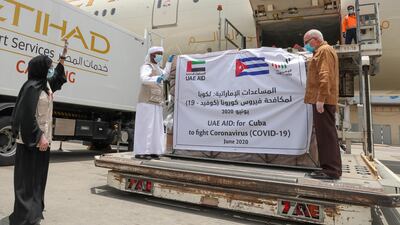 A shipment of UAE aid to tackle Covid-19 in Cuba is loaded on to an Etihad cargo aircraft. Wam