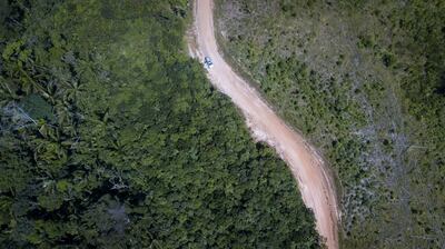 A road bisects a deforested area near El Capricho, Guaviare department, Colombia, on Thursday, Nov.  11, 2021.  Since the 2016 peace deal was reached between the Colombian government and the Marxist guerrillas in FARC, deforestation has accelerated as swathes of the Amazon turned into a mosaic of islands of jungle interspersed with vast cattle ranches. Photographer: Ivan Valencia / Bloomberg