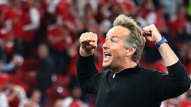 Denmark coach Kasper Hjulmand celebrates after the match. Reuters