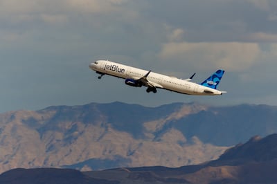 FILE PHOTO: A Jetblue commercial airliner takes off form Las Vegas International Airport in Las Vegas, Nevada, U. S. , February 8, 2024.   REUTERS / Mike Blake / File Photo