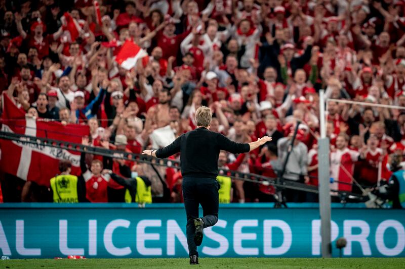 Danish coach Kasper Hjulmand reacts towards the Danish fans. EPA