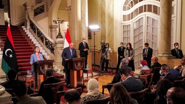 Egypt's Foreign Minister Sameh Shoukri (C-R) and his Libyan counterpart Najla al-Mangoush (C-L) give a joint press conference after their meeting in the capital Cairo on June 19, 2021.  (Photo by Khaled DESOUKI  /  AFP)