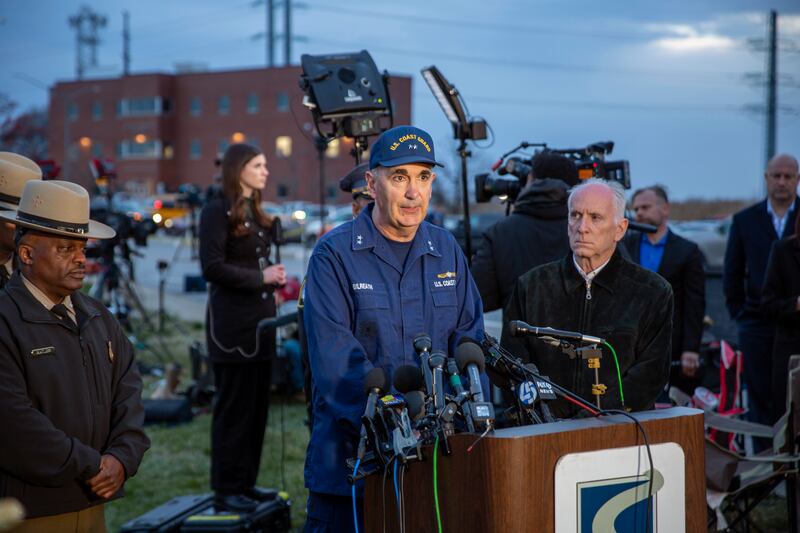 Rear Adm.  Shannon Gilreath, commander of the Fifth Coast Guard District, speaks in Dundalk, Md. , on Tuesday, March 26, 2024, as officials announce that all six workers missing after a Baltimore bridge collapsed are presumed dead and the search for them has been suspended until Wednesday morning.  Officials said that the search and rescue mission was transitioning to one of search and recovery.  (AP Photo / Ted Shaffrey)