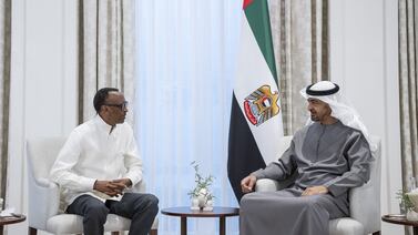 ABU DHABI, UNITED ARAB EMIRATES - June 15, 2022: HH Sheikh Mohamed bin Zayed Al Nahyan, President of the United Arab Emirates (R), meets with HE Paul Kagame, President of Rwanda (L), at Al Shati Palace.  

( Hamad Al Kaabi   /  Ministry of Presidential Affairs )
---