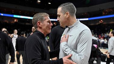 LAS VEGAS, NEVADA - MARCH 11: Head coach Mark Few (L) of the Gonzaga Bulldogs and Head coach Chris Gerlufsen of the San Francisco Dons greet each other after a semifinal game of the West Coast Conference basketball tournament at the Orleans Arena on March 11, 2024 in Las Vegas, Nevada.  The Bulldogs defeated the Dons 89-77.    David Becker / Getty Images / AFP (Photo by David Becker  /  GETTY IMAGES NORTH AMERICA  /  Getty Images via AFP)