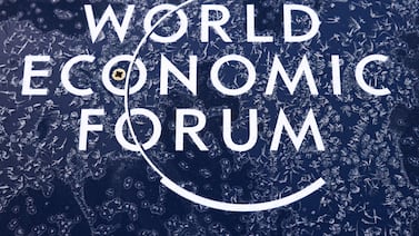 A frost-covered logo for the World Economic Forum (WEF) in Davos, Switzerland, on Monday, Jan.  16, 2023.  The annual Davos gathering of political leaders, top executives and celebrities runs from January 16 to 20. Photographer: Stefan Wermuth / Bloomberg