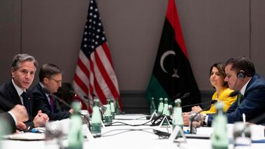 US Secretary of State Antony Blinken (L) attends a meeting with Libyan Prime Minister Abdul Hamid Dbeibeh (R) at the Marriott Hotel in Berlin. AFP