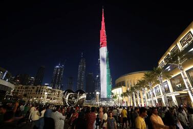 UAE flag displayed on Burj Khalifa on the UAE’s 50th National Day celebrations in Dubai on 2nd December, 2021. Pawan Singh/The National.