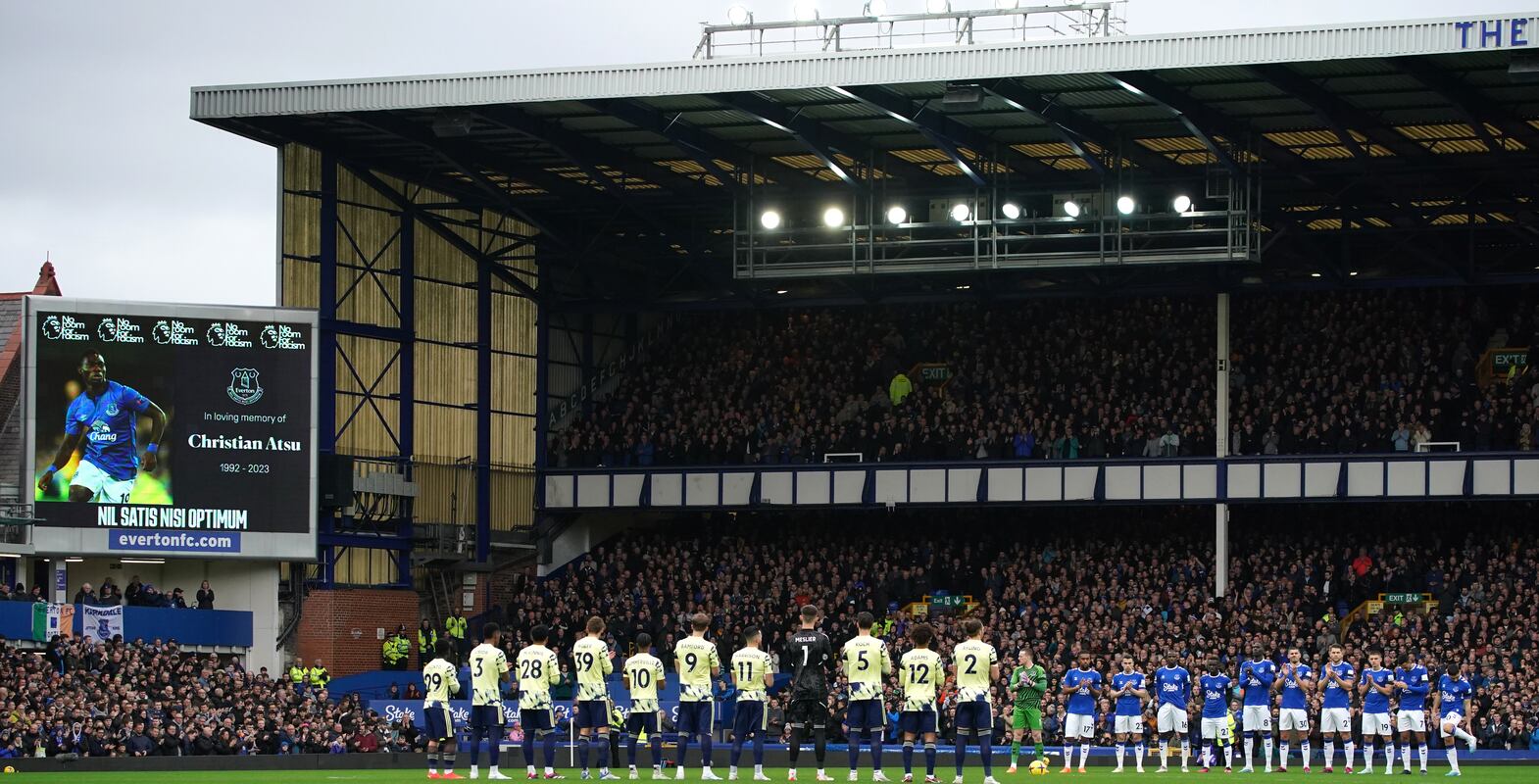 Players pay tribute to Christian Atsu who has died following the devastating earthquake that hit Turkey,the Premier League match at Goodison Park, Liverpool. Picture date: Saturday February 18, 2023.