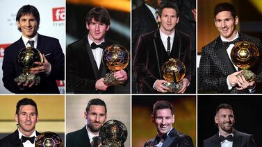 TOPSHOT - (COMBO) This combination of file photographs created on October 30, 2023, shows Barcelona's Argentinian forward Lionel Messi reacting as he receives the Ballon d'Or football award (top, L to R) for the year 2009 in Boulogne-Billancourt, outside Paris, on December 6, 2009; for the year 2010 in Zurich, on January 10, 2011; for the year 2011 in Zurich on January 9, 2012; for the year 2012 in Zurich on January 7, 2013; (bottom L to R) for the year 2015 in Zurich on January 11, 2016; for the year 2019 in Paris on December 2, 2019; for the year 2021 in Paris on November 29, 2021; and for the year 2023 in Paris on October 30, 2023.  Lionel Messi won the men's Ballon d'Or award for a record-extending eight time at a ceremony in Paris on October 30, 2023.  (Photo by AFP)