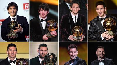 TOPSHOT - (COMBO) This combination of file photographs created on October 30, 2023, shows Barcelona's Argentinian forward Lionel Messi reacting as he receives the Ballon d'Or football award (top, L to R) for the year 2009 in Boulogne-Billancourt, outside Paris, on December 6, 2009; for the year 2010 in Zurich, on January 10, 2011; for the year 2011 in Zurich on January 9, 2012; for the year 2012 in Zurich on January 7, 2013; (bottom L to R) for the year 2015 in Zurich on January 11, 2016; for the year 2019 in Paris on December 2, 2019; for the year 2021 in Paris on November 29, 2021; and for the year 2023 in Paris on October 30, 2023.  Lionel Messi won the men's Ballon d'Or award for a record-extending eight time at a ceremony in Paris on October 30, 2023.  (Photo by AFP)
