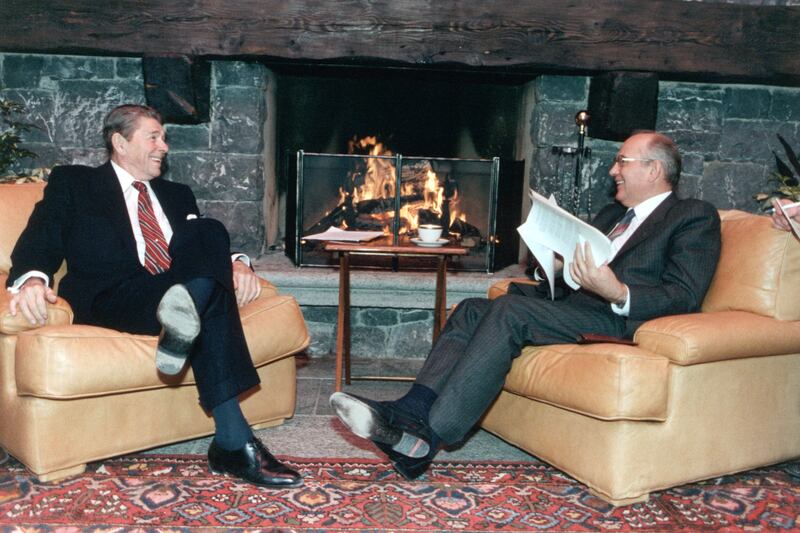 Soviet Leader Mikhail Gorbachev and US President Ronald Reagan meet at the Geneva Summit in 1985. Getty Images