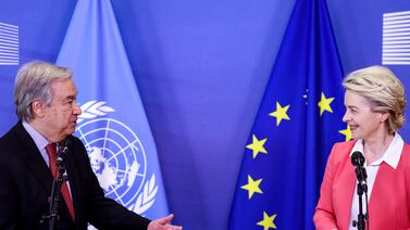 European Commission President Ursula von der Leyen welcomes Secretary-General of the United Nations, Antonio Guterres before their meeting at the EU headquarters in Brussels.   EPA