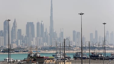 The Dubia skyline with the Burj Khalifa is seen in the background as ships dock at Port Rashid. Reuters