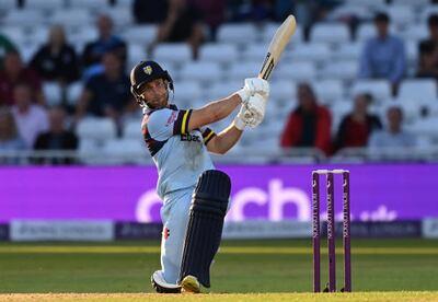 NOTTINGHAM, ENGLAND - AUGUST 19:  Sean Dickson of Durham hits a 6 during the Royal London Cup Final between Glamorgan and Durham at Trent Bridge on August 19, 2021 in Nottingham, England. (Photo by Shaun Botterill / Getty Images)