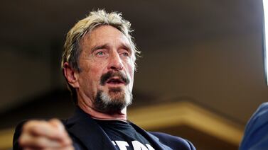 John McAfee announces his candidacy for president in Opelika, Alabama, in 2015.  The security software pioneer had a personal fortune of $100 million at the height of his wealth, but after his death in a Spanish prison on Wednesday, it is estimated he had just $4 million. AP