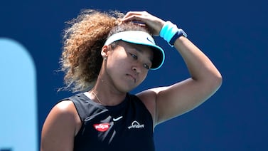 Naomi Osaka, of Japan, reacts during her match against Maria Sakkari, of Greece, in the quarterfinals of the Miami Open tennis tournament in Miami Gardens, Fla., in this Wednesday, March 31, 2021, file photo. Sakkari won 6-0, 6-4. Naomi Osaka withdrew from the French Open on Monday, May 31, 2021, and wrote on Twitter that she would be taking a break from competition, a dramatic turn of events for a four-time Grand Slam champion who said she experiences “huge waves of anxiety” before speaking to the media and revealed she has “suffered long bouts of depression.” Lynne Sladky / AP Photo