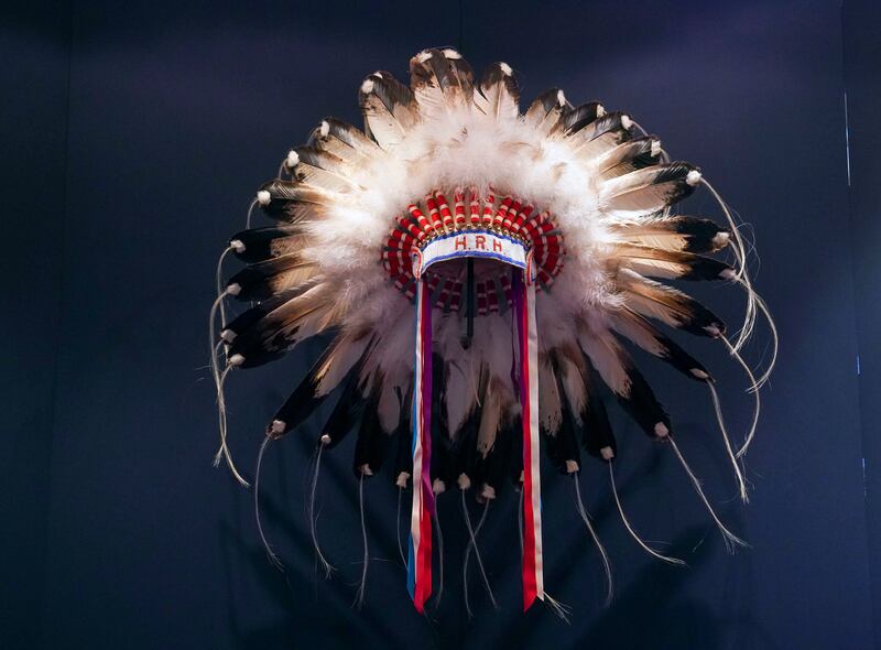 A First Nations feather headdress presented to Prince Philip by Jim Shot Both Sides, Head Chief of the Blood Reserve, during a Commonwealth visit to Canada in 1973. AP Photo