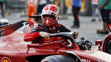Ferrari driver Charles Leclerc gets out of his car after taking pole position for the Azerbaijan Grand Prix at the Baku City Circuit. EPA