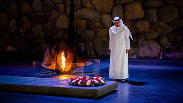 Sheikh Abdullah bin Zayed visits the Holocaust memorial in Jerusalem. Wam
