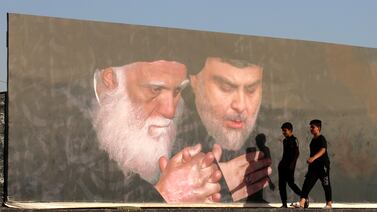 A mural of Iraqi clerics Moqtada Al Sadr and his father, Mohammed Sadiq Al Sadr, in north-east Baghdad. EPA