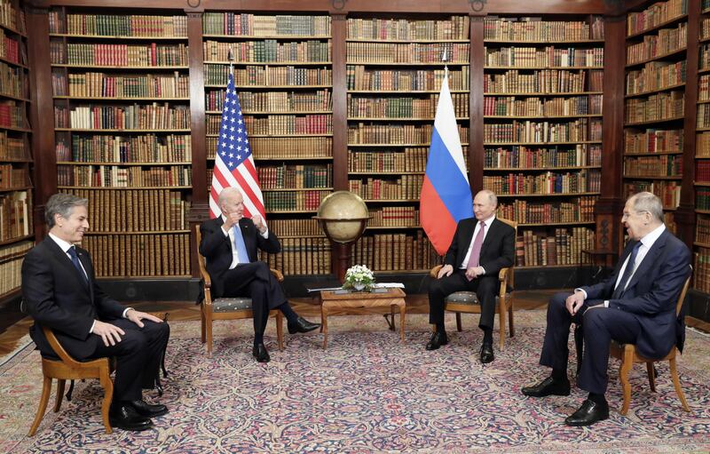 US Secretary of State Antony Blinken, Joe Biden, Vladimir Putin and Russian Foreign Minister Sergei Lavrov pose for the press. AFP