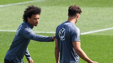 Germany's midfielder Leroy Sane with Leon Goretzka during a training session on Saturday. AFP