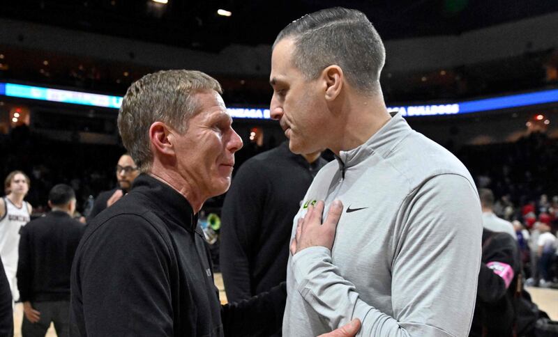 LAS VEGAS, NEVADA - MARCH 11: Head coach Mark Few (L) of the Gonzaga Bulldogs and Head coach Chris Gerlufsen of the San Francisco Dons greet each other after a semifinal game of the West Coast Conference basketball tournament at the Orleans Arena on March 11, 2024 in Las Vegas, Nevada.  The Bulldogs defeated the Dons 89-77.    David Becker / Getty Images / AFP (Photo by David Becker  /  GETTY IMAGES NORTH AMERICA  /  Getty Images via AFP)