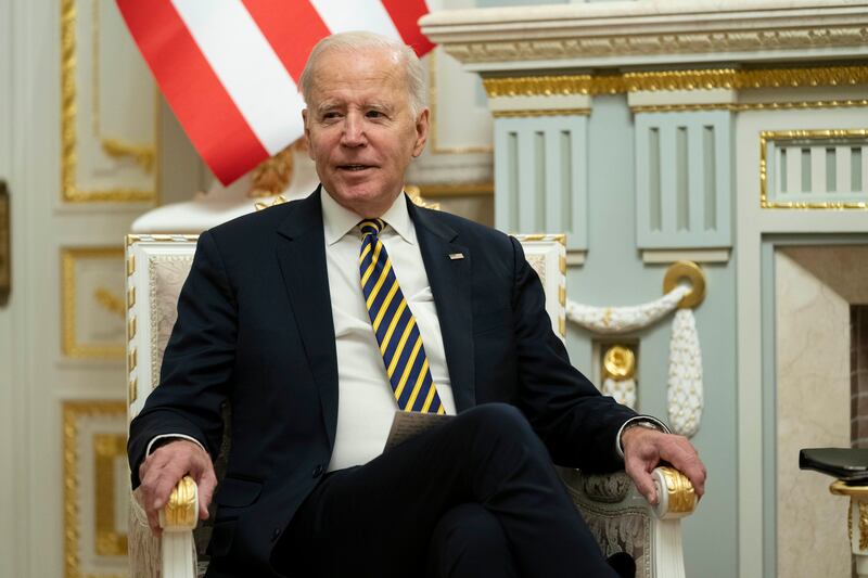 President Joe Biden speaks during a meeting with Ukrainian President Volodymyr Zelenskyy at Mariinsky Palace during a surprise visit, Monday, Feb.  20, 2023, in Kyiv.  (AP Photo / Evan Vucci, Pool)