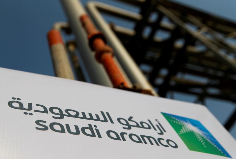 Saudi Aramco logo is pictured at the oil facility in Abqaiq, Saudi Arabia. Reuters 