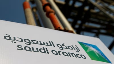 Saudi Aramco logo is pictured at the oil facility in Abqaiq, Saudi Arabia. Reuters 