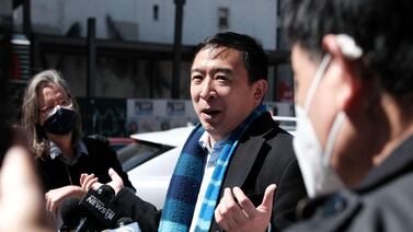 New York mayoral candidate Andrew Yang speaks to members of the media in Chinatown, New York City. Getty Images/AFP 